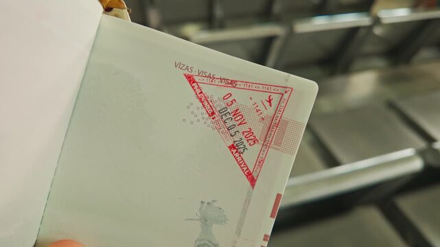 Close up of passport page, entry visa stamp symbolizing travel, border control
