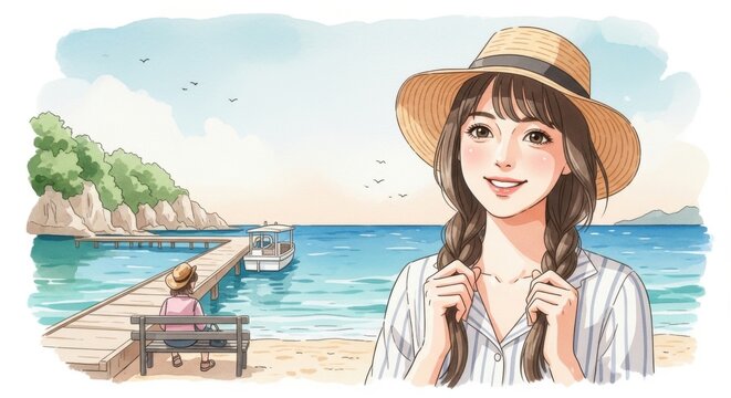 Young Woman Enjoying Summer Day at the Beach with Scenic View