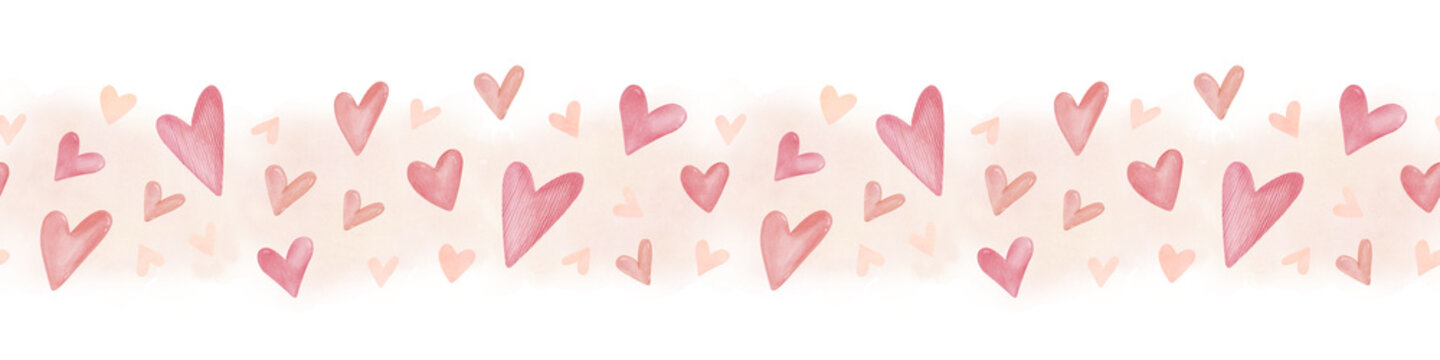 Watercolor simple seamless border with cute scattered hearts on soft pastel background isolated on white. Hand drawn romantic trim design for Valentine cards, wrapping, textile, packaging, stationery.