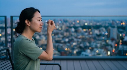 Fototapeta premium Asian woman applying facial serum with dropper on a city rooftop at twilight.