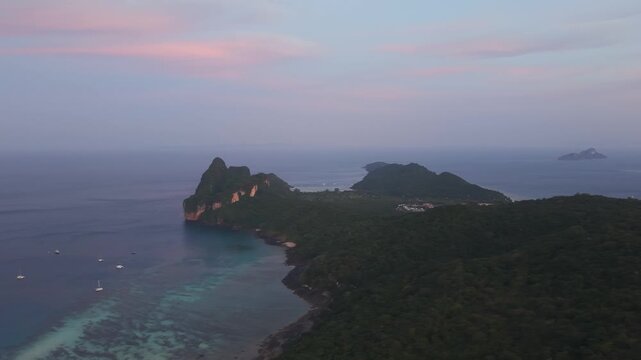Aerial view of Koh Phi Phi island at sunset. Holidays in Thailand