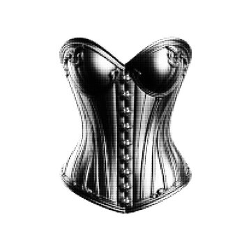 Halftone corset illustration in black and white. Vintage lingerie and fashion garment isolated on light background.