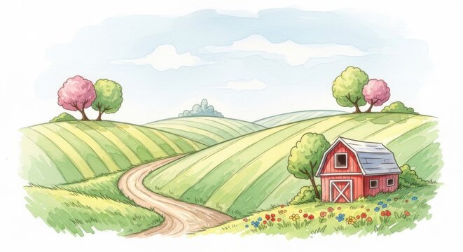 Peaceful Countryside Landscape with Farmhouse and Rolling Hills