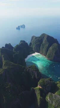 Vertical aerial view of tropical Maya beach in Thailand