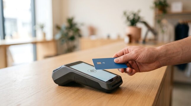 A close up view of a hand holding a blue credit card to make a contactless NFC payment on a modern terminal at a bright store counter.