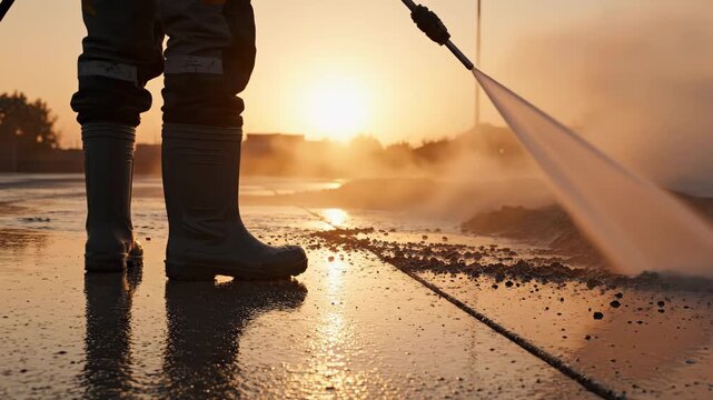 A worker in protective boots uses a high-pressure washer to clean a concrete surface during golden hour, effectively removing dirt and debris with a powerful water jet.