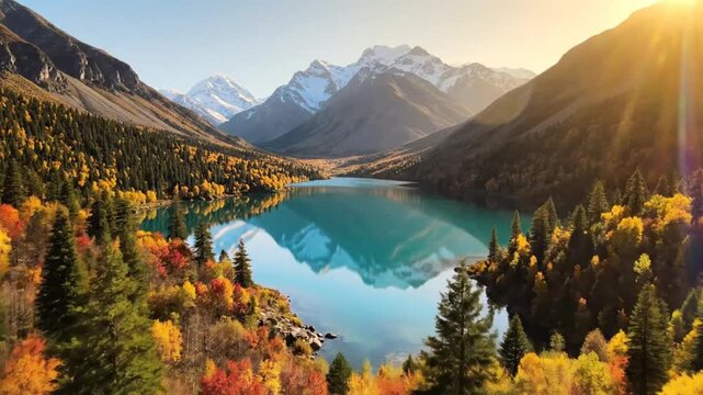 Scenic autumn landscape of a stunning lake surrounded by golden and red trees beneath snow-capped mountains and sun rays.