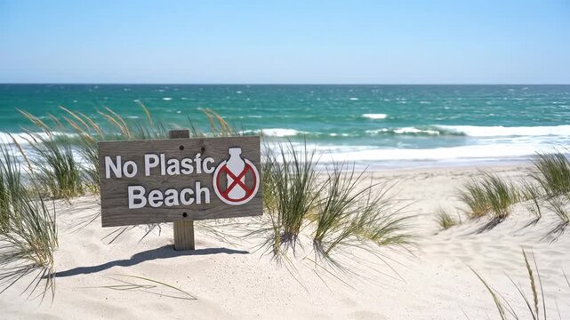 Wooden No Plastic Beach sign on a sandy shore. Environmental conservation and ocean pollution awareness concept