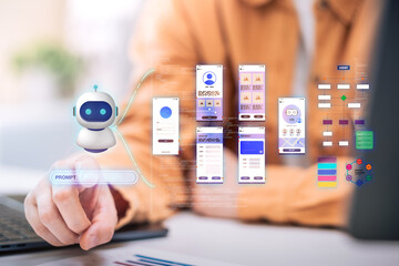Fototapeta na wymiar no code ,low code use agentic ai for automation in coding and design creates a ux ui interface for software development and vibe design technology.