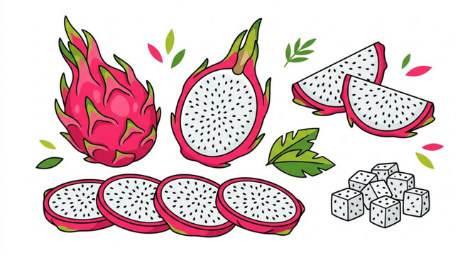 Ripe tropical dragon fruit and pitaya slices flat vector illustration isolated on white background