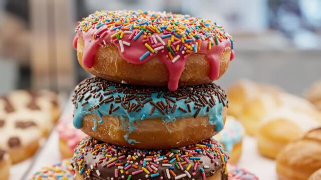 Delicious Stack of Colorful Frosted Donuts with Rainbow Sprinkles, Perfect Confectionary Treat for Enjoyment