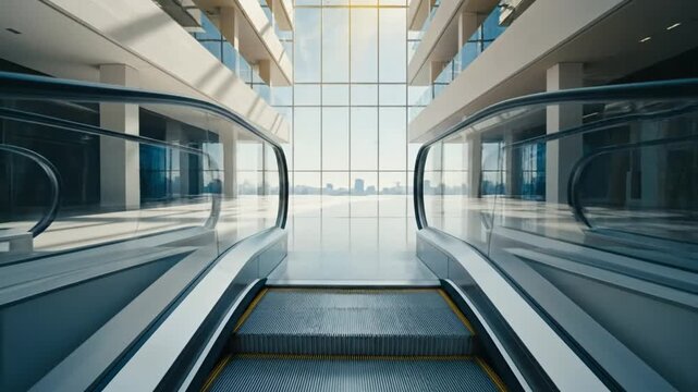 Ascending escalators in modern building with panoramic window showing city skyline and bright sunlight