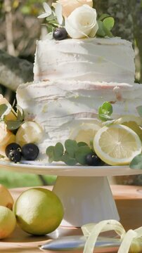 Vertical video: Camera pulling back showing two-tier cream cake on table in garden with rose topper