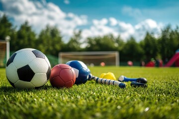 Naklejka premium Sports equipment on green grass field with soccer ball, concept of competition and outdoor games