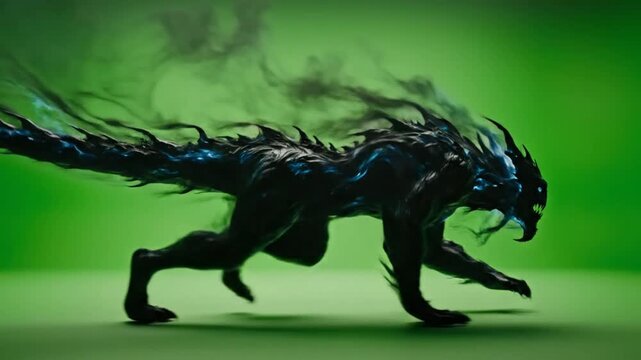Epic creature runs across a green screen, detailed monster design with blue glowing accents, concept art