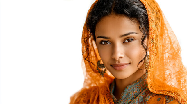 Young asian female in orange traditional attire with intricate patterns