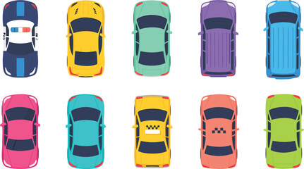 Top view collection of colorful cars including police car and taxi icons flat vector illustration. © MdMojnu