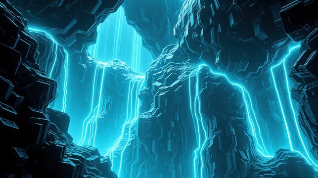 Futuristic cavern glows with vibrant blue energy streams. Complex geometric patterns define walls, creating intense digital atmosphere. Dark background emphasizes luminosity.