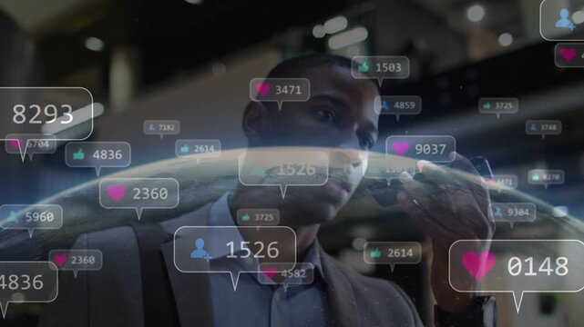 Business exec raising phone and speaking, spawning AR bubbles with likes and globe, tracking reach