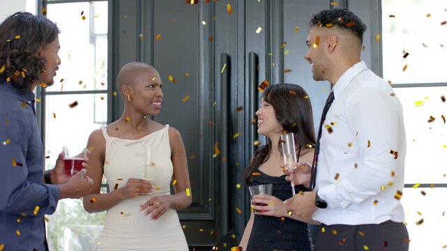 Four guests by dark doors, holding flutes and reacting to falling gold confetti celebrating events