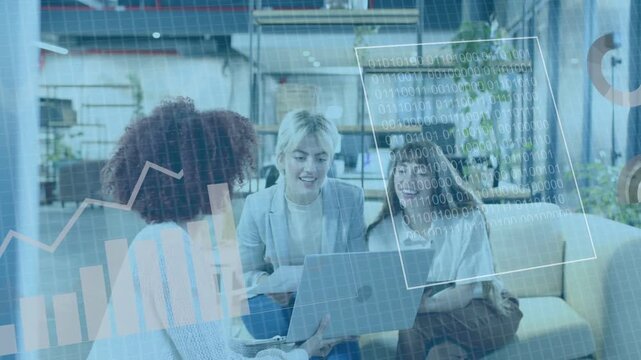 Three women working on business task in lounge, left woman typing on laptop causing animated charts