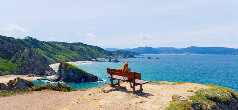 Scenic view of pena furada rock formation on the coast of Loiba in Galicia in Spain. Freedom, adventure, mindfulness concept
