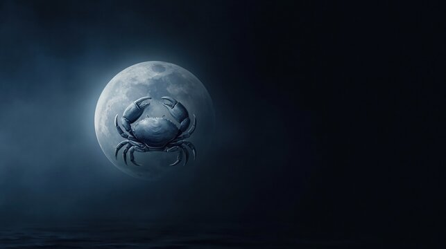 Crab positioned against full moon over misty ocean night