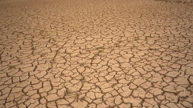Cinematic tracking shot over a vast expanse of deeply cracked, parched earth. High-impact dynamic B-roll perfectly illustrating the global climate crisis, severe drought, and extreme water scarcity.