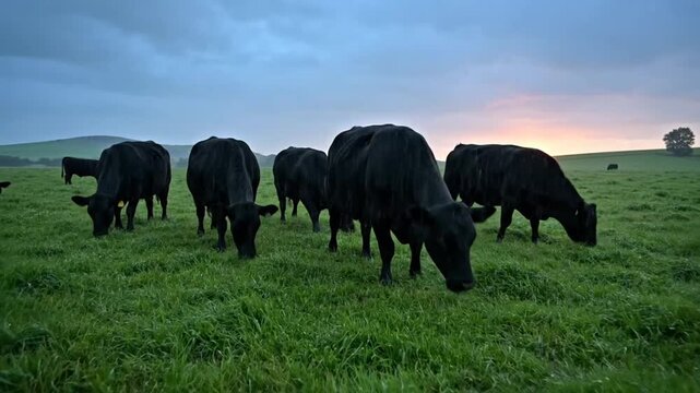 Black cows grazing in a vibrant green pasture with an overcast sky during sunrise or sunset