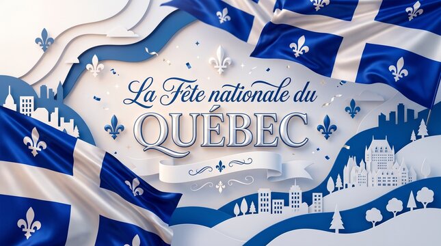 Quebec National Day La F&ecirc;te nationale du Qu&eacute;bec celebration background with blue flowers and flags