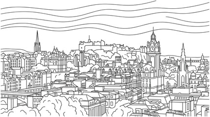 Fototapeta premium Detailed edinburgh city skyline sketch featuring castle and monument.