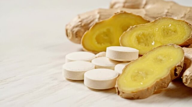 Fresh ginger root slices and white tablets on a wooden surface. Natural health supplements and immunity concept. Close-up of herbal medicine ingredients