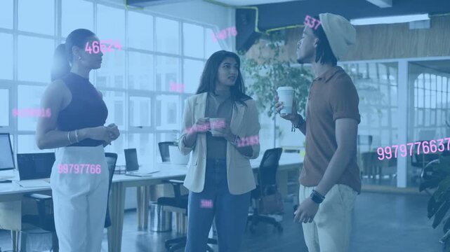Center woman speaking on-break, team sipping mug and replying while pink data overlay floating