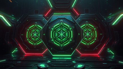 Fototapeta premium Futuristic interior. Dark metallic walls feature glowing green, red hexagonal patterns. Complex geometric design creates immersive tunnel effect.