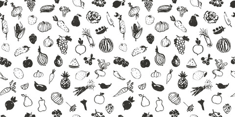Fototapeta premium Seamless pattern with fruits and vegetables. Set of hand drawn food icons. Simple eco design. Vector menu, recipe, logo. Endless, repeat wallpaper, background. 