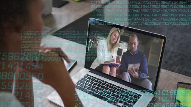 Business call starting, onscreen team writing on laptop while numeric overlay growing showing data