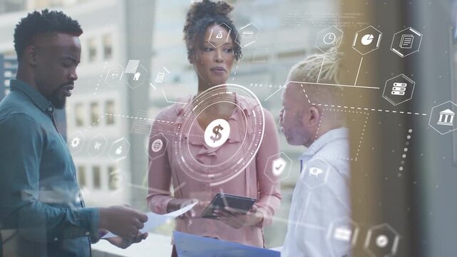 Central woman tapping tablet and leading finance briefing, HUD dollar icon aligning over documents