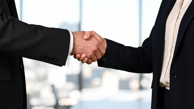 Close-up of business professionals shaking hands in a modern office. Corporate partnership and successful deal concept