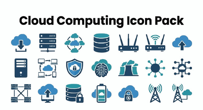 A comprehensive set of flat vector illustrations depicting various cloud computing icons including servers, network security, data storage, connectivity, and modern digital infrastructure technology s