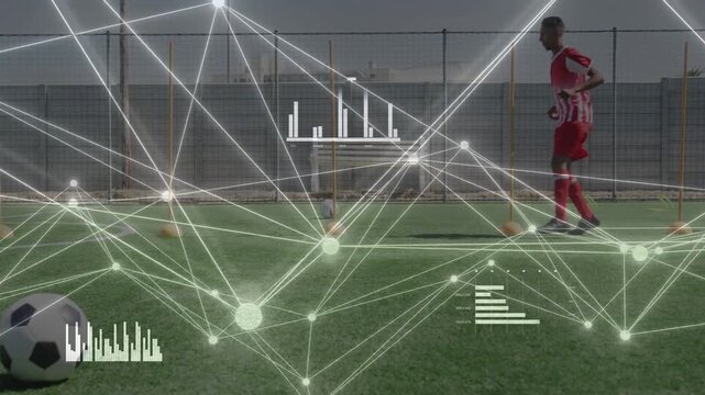 Male player entering right starting sports drill improving footwork overlay tracking feet ball turf