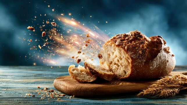 Freshly baked bread loaf with scattered crumbs and wheat on wooden cutting board, dynamic explosion effect in the background creating a dramatic visual impact