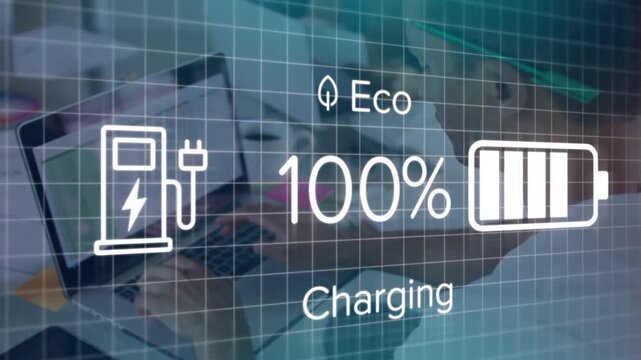 Charging UI updating charge level peaking then declining on charge start, Eco icon above man typing