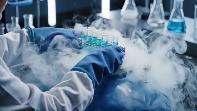Scientist in blue gloves holds rack of blue liquid filled test tubes amidst vapor