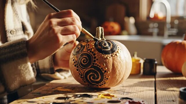 Creative hands of a person decorating a pumpkin with a brush and paint for a festive autumnal season decoration