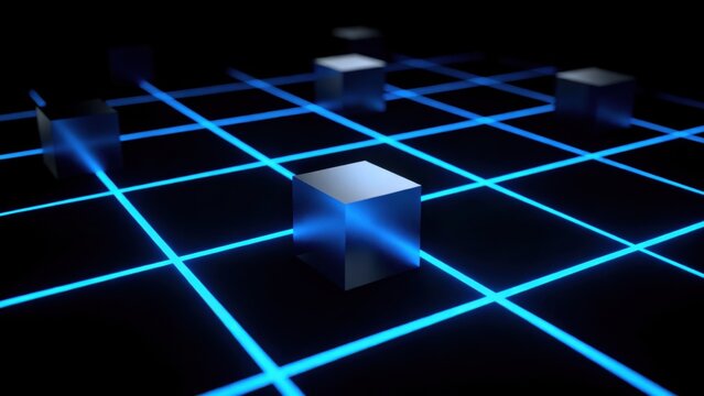 Blue grid with metallic cubes