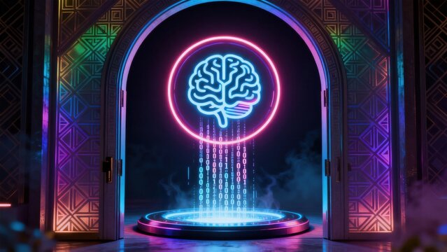 Neon brain portal with binary code