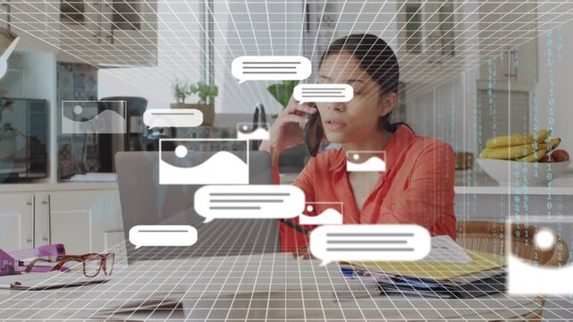 Woman picking up phone while checking work docs, grid, chat bubbles swelling then easing, smiling