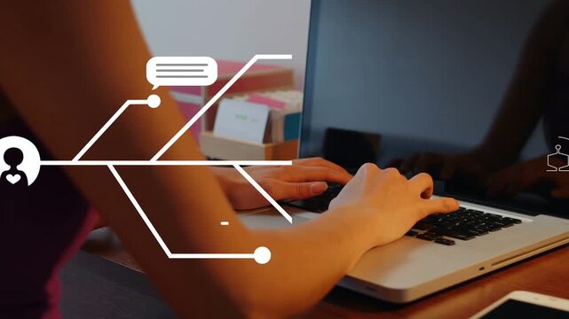 Woman typing on laptop causing user node branching into chat bubbles and AI icon mapping flow