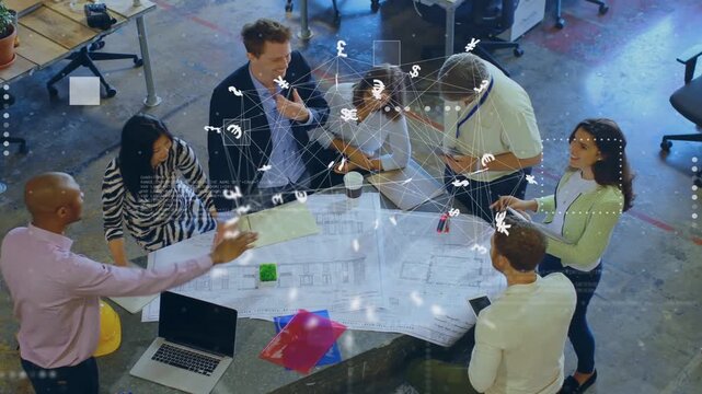 Lead pointing, team reviewing eng blueprint to refine plan, overlay above linking devices and costs
