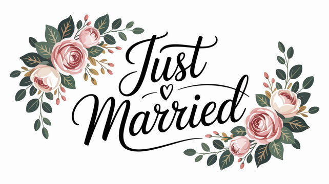 Just married elegant cursive text with floral wreath design